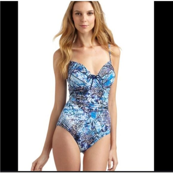 SPANX Python Print BRA-LLELUJAH OnePiece Swimsuit Nile Blue, size 14 B/C